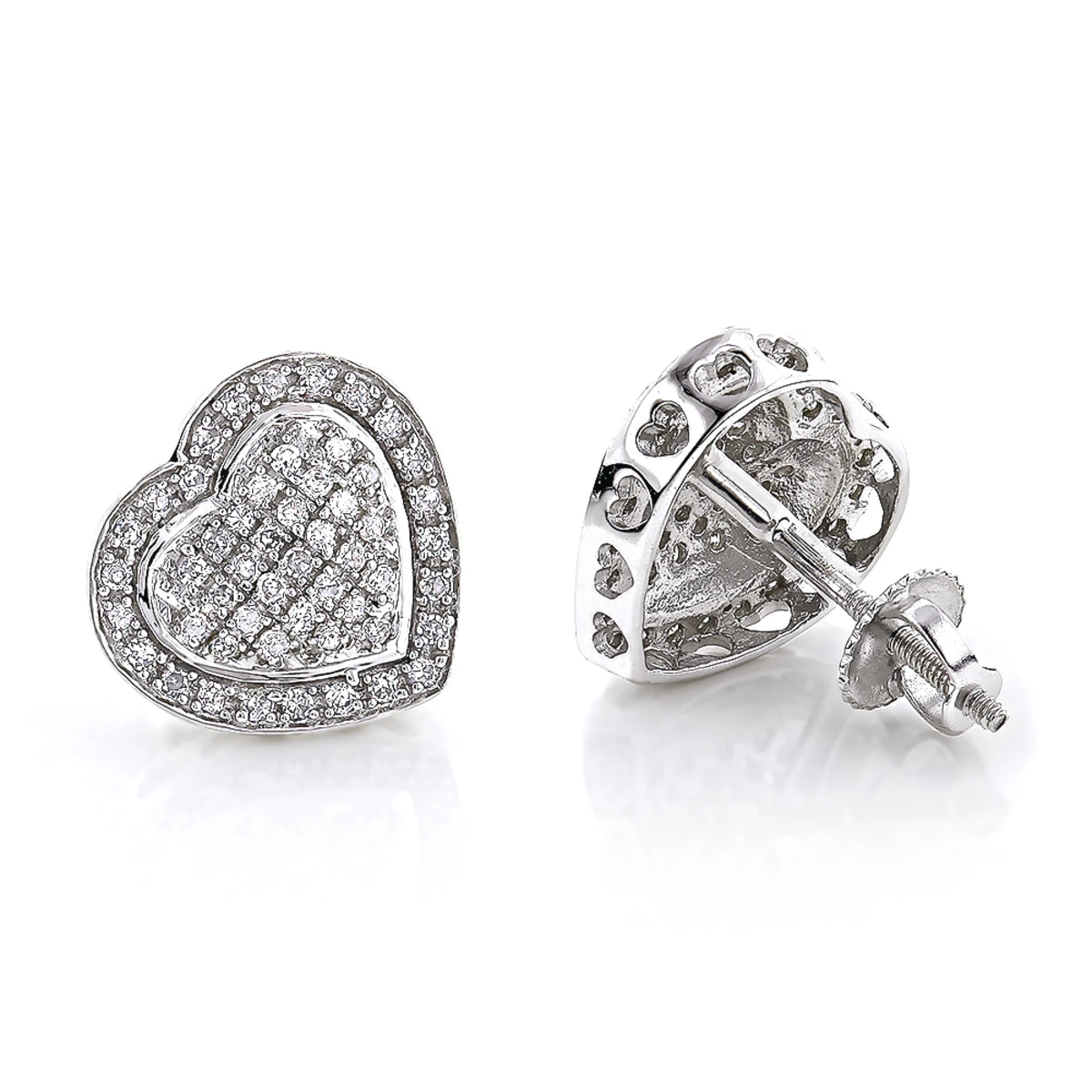Diamond Heart Earrings Studs: 10K White Gold Pave Diamonds 0.5ct 3 Diamond Heart Earrings Studs: 10K White Gold Pave Diamonds 0.5ct