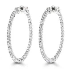 1.5in 14K White Gold Diamond Hoop Earrings Inside Out 1ct By Luxurman