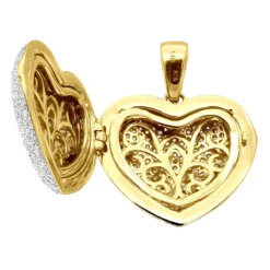 Iced Out Ladies Big Pave Diamond Heart Locket Pendant W Picture 14K Yellow Gold -Outlet Radiant Bijou Store iced out ladies big pave diamond heart locket pendant w picture solid 14k gold 100495 box yellow