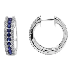 14K White Gold Natural Blue Sapphire And Diamond Huggie Earrings For Women 1ct