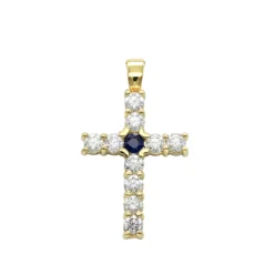 14K Yellow Gold Sapphire And Diamond Ladies Cross Pendant 1.32ct By Luxurman