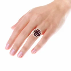 Unique Halo Circle Diamond Right Hand Ring For Women With Rubies 14K Rose Gold -Outlet Radiant Bijou Store jewelry halo circle diamond right hand ring for woman with ruby 14k gold 26213 bodro