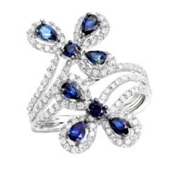 Pear Cut Sapphire And Diamond Flower Bloom Cocktail Ring For Women 14K White Gold