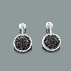 Ladies Circle Earrings With Black And White Diamonds 0.60ct 14K White Gold