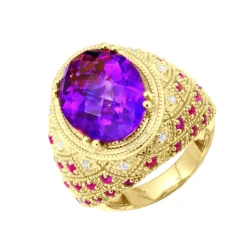 Large Amethyst Cocktail Ring With Diamonds And Pink Sapphires 18K Yellow Gold