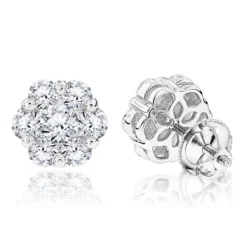 6 Carat Look Large Diamond Cluster Earrings 14K White Gold Studs 2 Carats