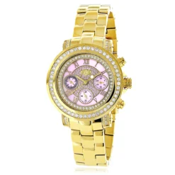 Luxurman Montana Ladies Diamond Watch 2ct Yellow Gold Plated Pink MOP