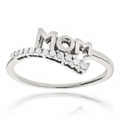 Solid 10K White Gold Mothers Day Gifts Journey Diamond MOM Ring .13ct