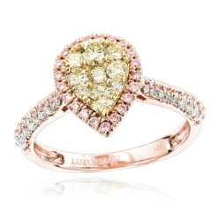 Natural White Pink Yellow Diamond Engagement Ring Pear Shape 0.9ct 14K White Gold -Outlet Radiant Bijou Store natural white pink yellow diamond engagement ring pear shape 09ct 14k gold ro
