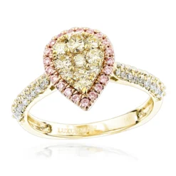 Natural White Pink Yellow Diamond Engagement Ring Pear Shape 0.9ct 14K White Gold -Outlet Radiant Bijou Store natural white pink yellow diamond engagement ring pear shape 09ct 14k gold ye