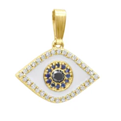 14K Yellow Gold White Black Diamond & Sapphire Evil Eye Pendant Enamel Charm