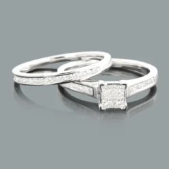 Round Princess Cut Diamond Engagement Ring Set 0.55ct 14K White Gold