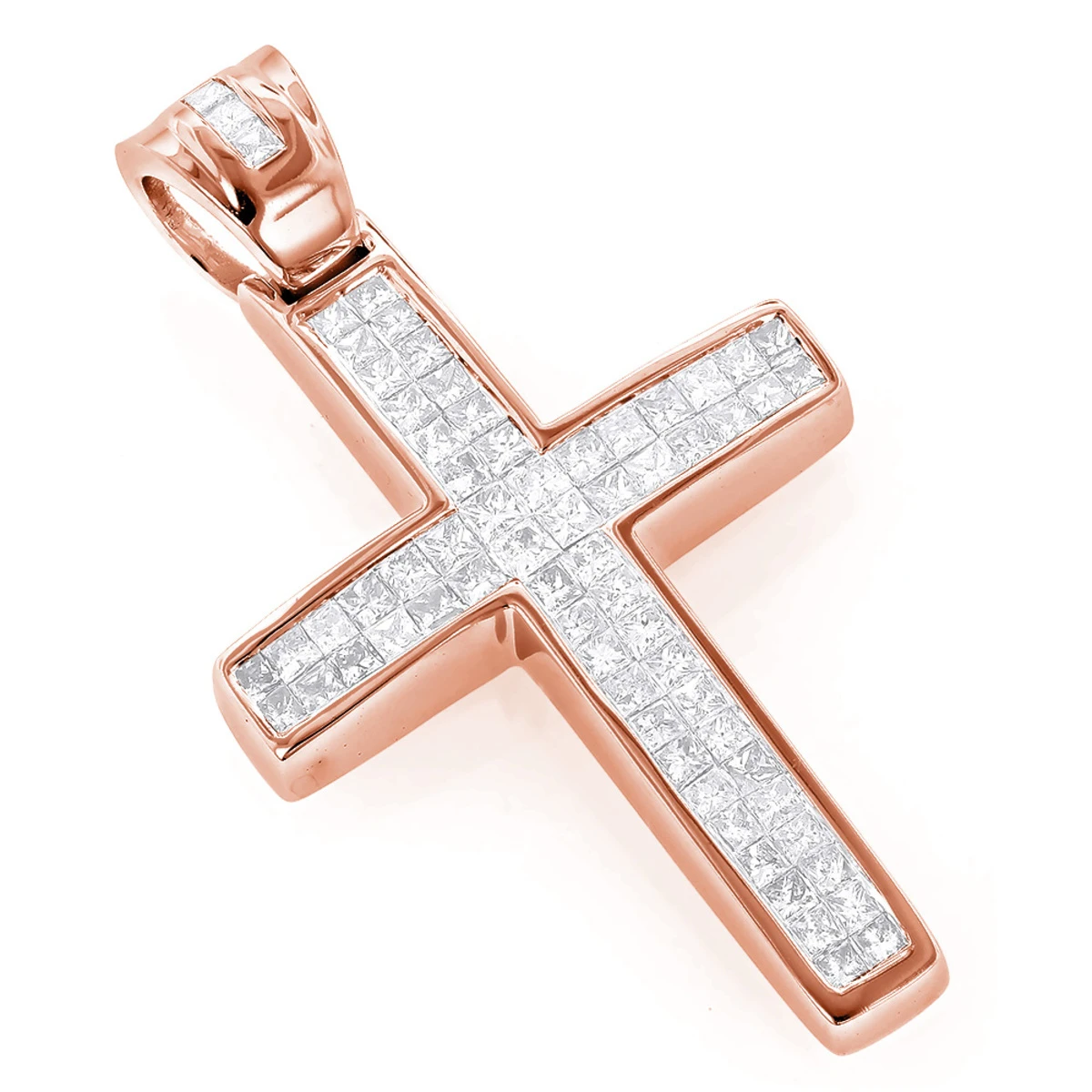 Small 14K Yellow Gold Invisible Princess Cut Diamond Cross Pendant 1.25ct 5 Small 14K Yellow Gold Invisible Princess Cut Diamond Cross Pendant 1.25ct - Image 3