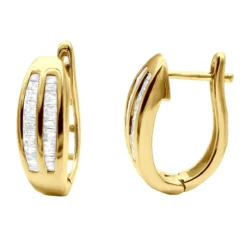 Solid 10K Yellow Gold Baguette Diamond Earrings Hoops 1/2ct