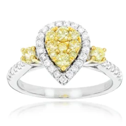 Unique 14K White Gold One Carat Yellow White Diamond Ring For Women By Luxurman