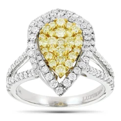 Unique 14K White Gold White Yellow Diamond Pear Shape Cluster Ring For Women 1.5c
