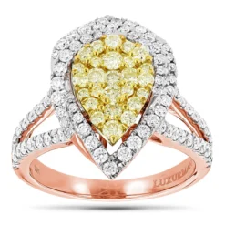 Unique 14K White Gold White Yellow Diamond Pear Shape Cluster Ring For Women 1.5c -Outlet Radiant Bijou Store unique 14k gold white yellow diamond pear shape cluster ring for women 15c ro