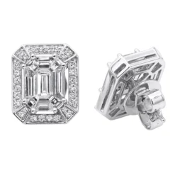 Unique 18K White Gold Emerald Cut Diamond Stud Earrings Halo Design 2.5ct