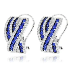 Unique Designer Diamonds And Blue Sapphires Earrings For Her 14K White Gold