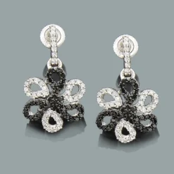 White Black Diamond Flower Earrings 0.51ct 14K White Gold