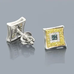 White Blue Yellow Diamond Earrings 0.35 Sterling Silver