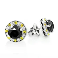 White Yellow And Black Diamond Stud Earrings 2.20ct 14K White Gold -Outlet Radiant Bijou Store white yellow and black diamond stud earrings 220ct 14k gold 2
