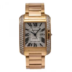 Women's Diamond Watch Cartier Tank Anglaise 18K Gold 30mm Silver Tone Dial